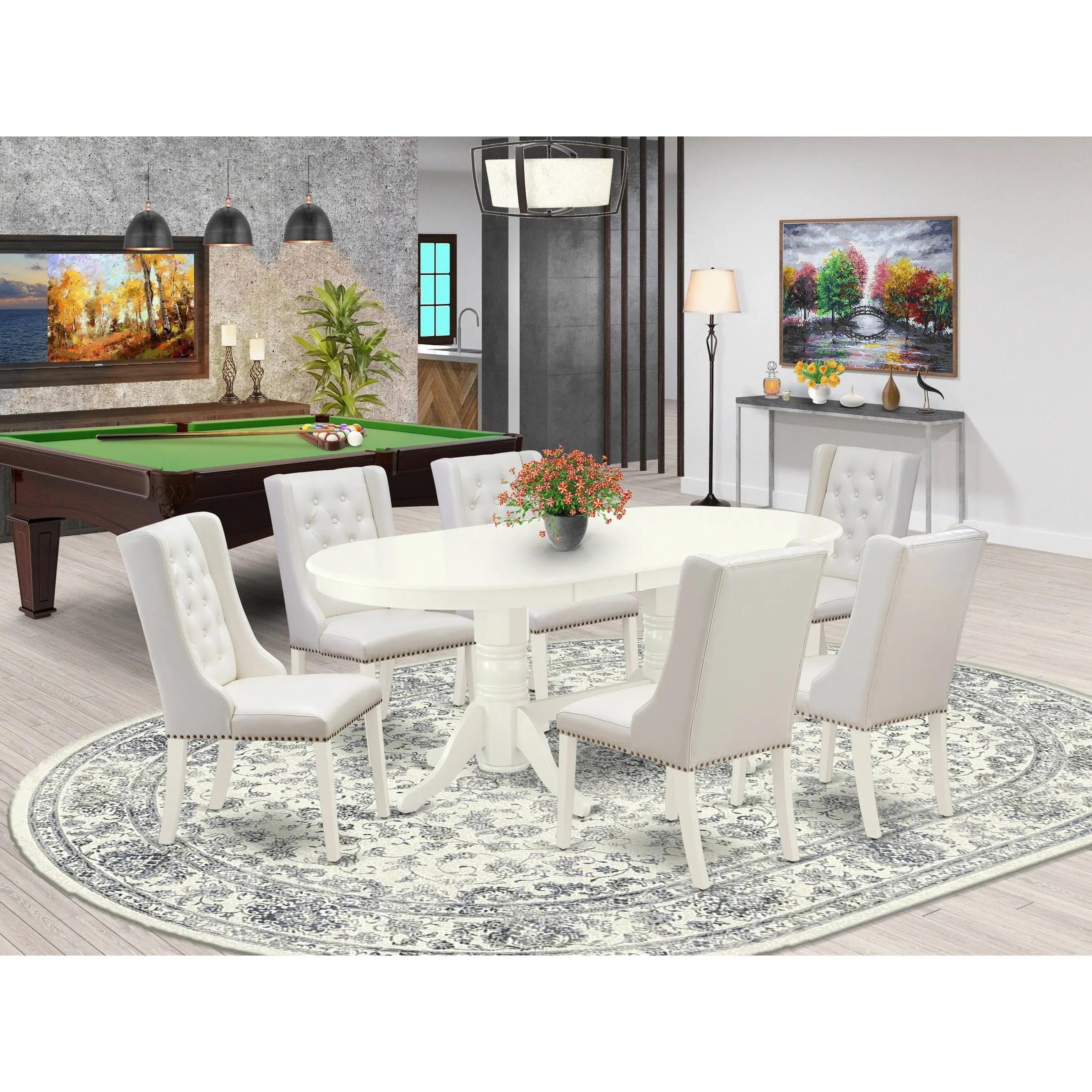 Modern Dining Set Linen White Finish Grey Chairs 7-Pc