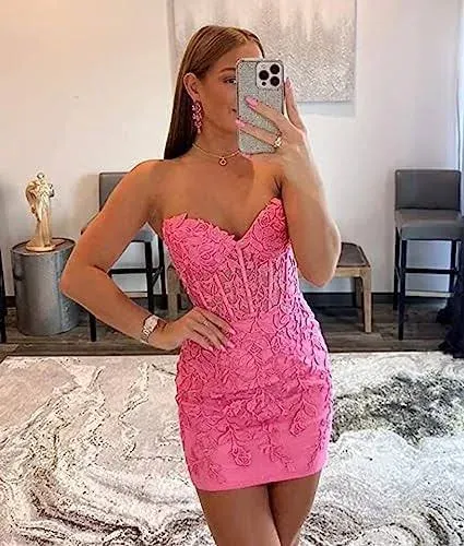 Noras dress Strapless Tight Homecoming Dresses for Teens Short 2024 Lace Appliques Cocktail Party Dress NB250