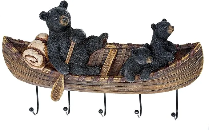 Black Bears in Canoe Key Holder - Bear Coat Hook Hanger Entrance Key Organizer - Bear Decor For Home Decor Living Room Accessories - Grizzly Bear Hooks For Wall Key Hanger Animal Cabin Decor