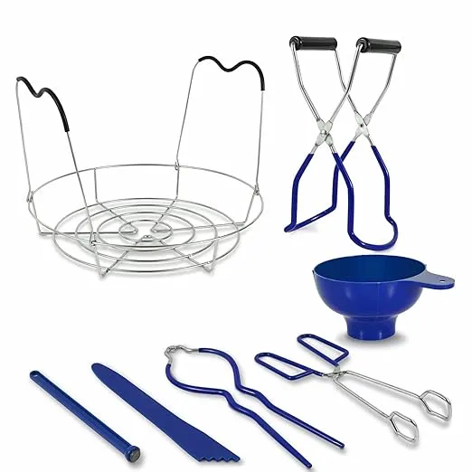 Landun 7 in 1 Canning Kit lude Steamer Rack,Canning Funnel,Jar Lifter,Wrench, Tongs,Lid Lifter/Bubble Remover Tool.Suitable for easy learning and making of household mason canning (Blue)