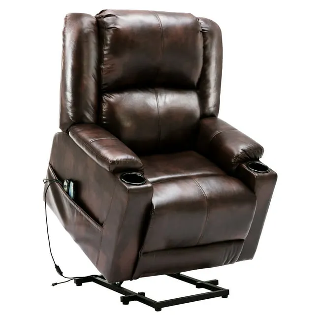 Comhoma Power Lift Recliner Chairs for Elderly Big and Tall Heated Massage Recliner Sofa PU Leather with Infinite Position 2 Side Pockets and Cup Holders, Brown