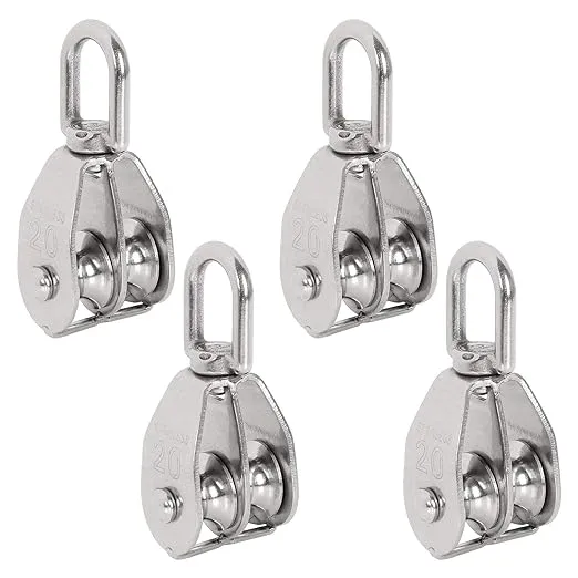 Zoeyes 4 Pack M20 Lifting Double Pulley Block Stainless Steel Heavy Duty Crane Swivel Hook Double Pulley Roller