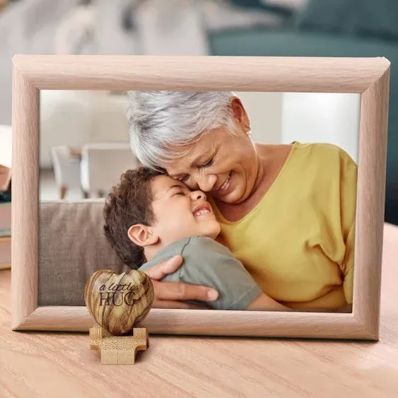 Carved Wooden Heart Shape Gifts - A Little Hug - Engraved Olive Wood with Bamboo Stand - Pocket Hug Heart - Thinking of You Gifts for Women or Men - Long Distance Missing You