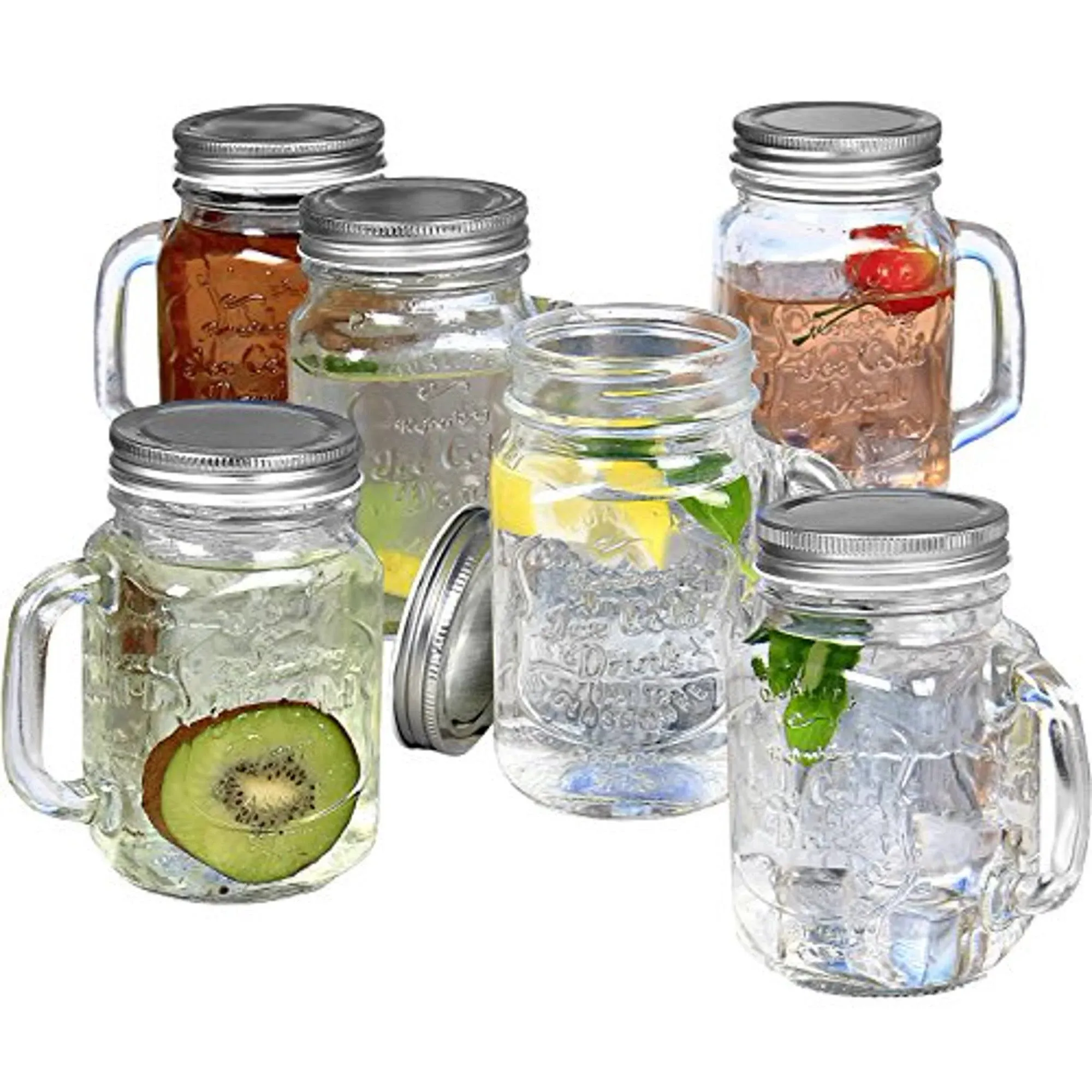 Estilo Mason Jar, 16 oz, Set of 6, Glass Drinking Cups with Handles, Tin Lids, Overnight Oats Jars, Smoothie Cups