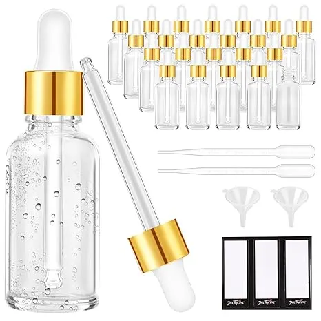 PrettyCare Eye Dropper Bottles 1oz (Rainbow Colored Glass Bottle 24 Pack 30ml with Golden Caps, 48 Labels, Funnel & Measured Pipettes) Empty Tincture Bottles for Essential Oils, Perfume