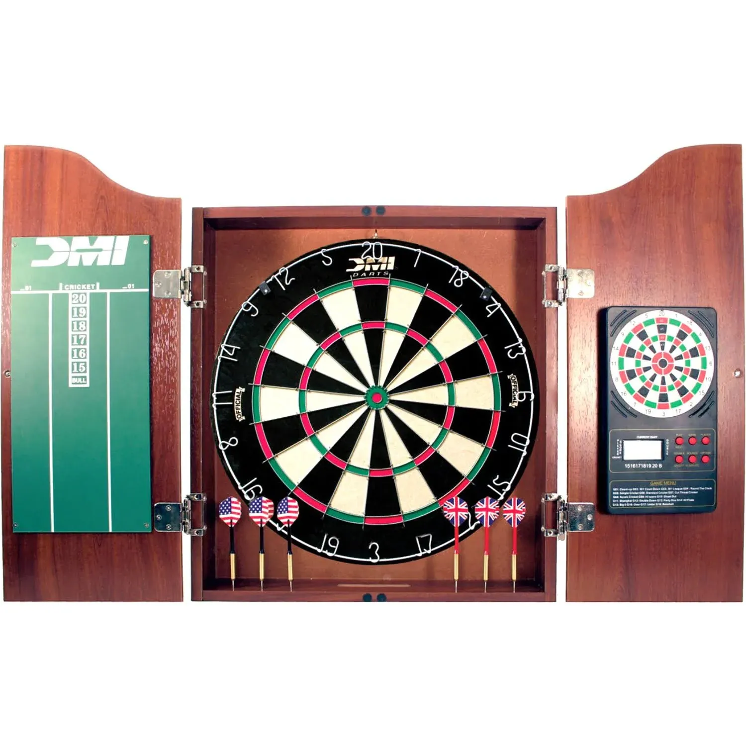 DMI Sports Deluxe Cherry Dartboard Cabinet Set with Electronic Scorer