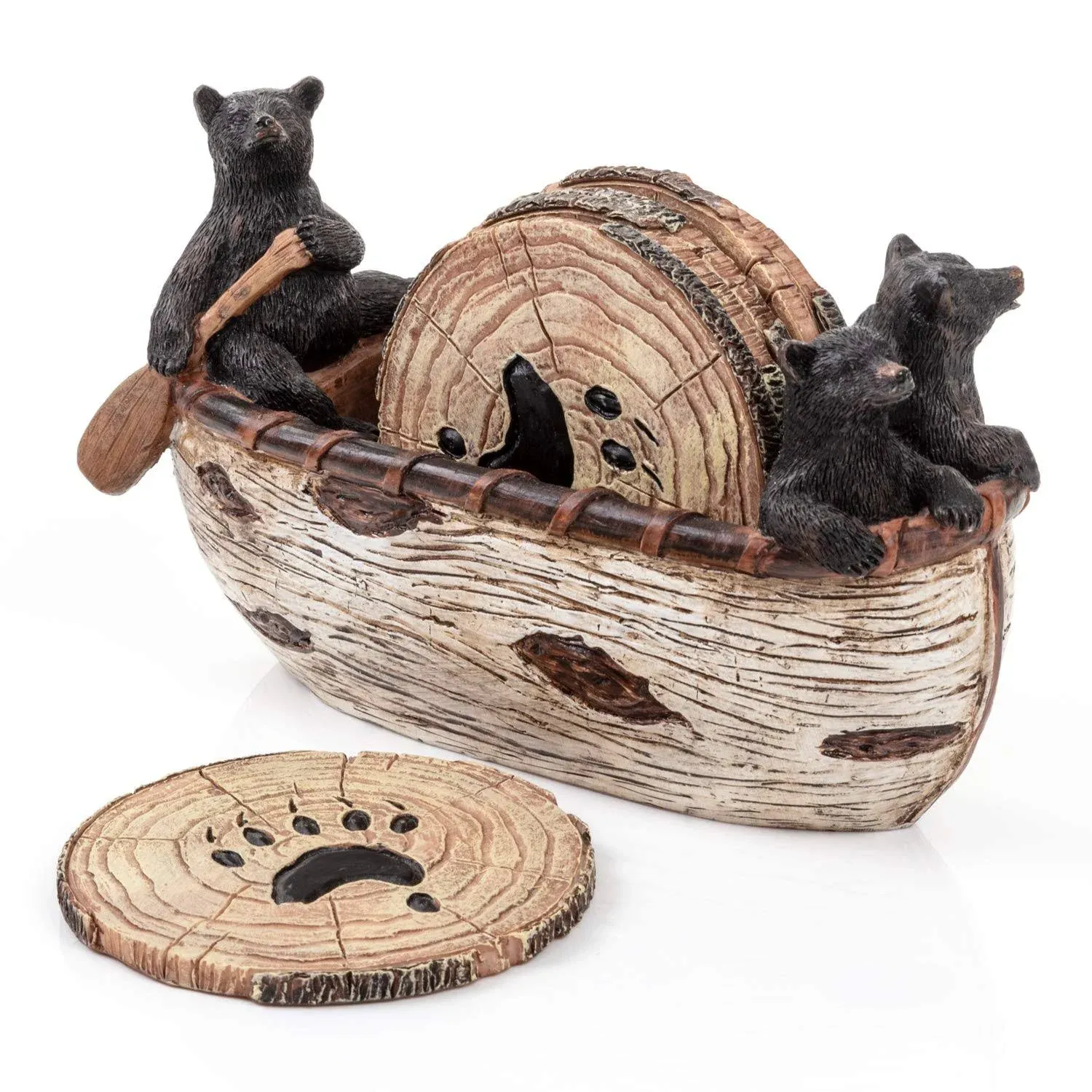 Bear Coasters Set – 6 Full Size Rustic Coasters in Handmade Canoe with Adorable Black Bear Figurines | Black Bear Decor, Log Cabin Decor, Cabin Decorations, Rustic Lodge Decor for The Home