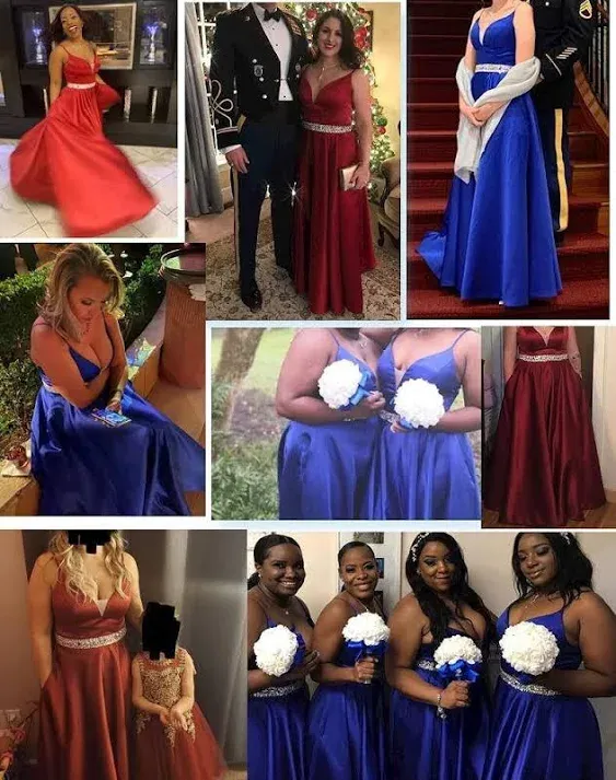 Spaghetti Straps Prom Dress Long Satin Beaded V-Neck Formal Evening Party Gowns  | eBay