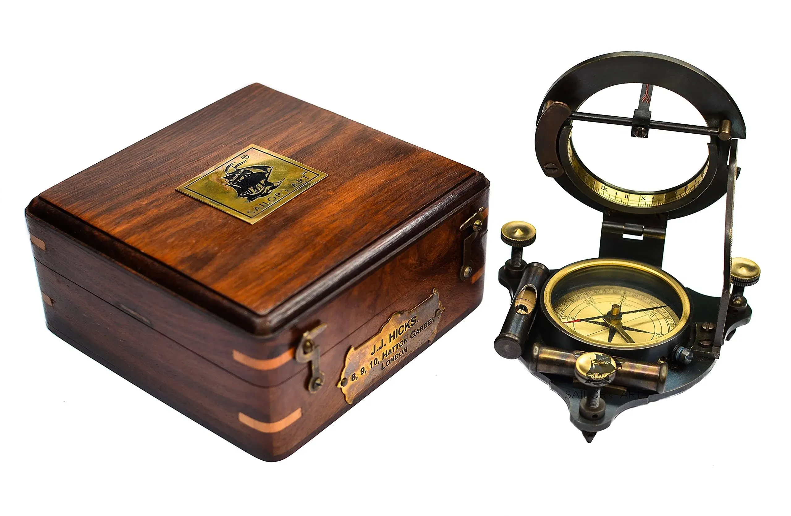 Brass Sundial Compass - Antique Sailing Anniversary Sundial Calibrated Compass Gift, Sundial Clock with Wooden Box and Chart, Unique Vintage Sundial Compass Gift for Him or Her