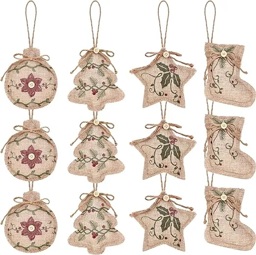 Rustic Christmas Burlap Tree Ornaments Farmhouse Hanging Decorations Christmas Stocking Tree Ball Shaped Decor for Christmas Party