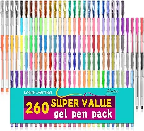 feela Gel Pens Set, 260 Pack 130 Colored Gel Pens Plus 130 Refills for Adult Coloring Books Drawing Kid Doodling Writing Sketching Highlighter Art Markers