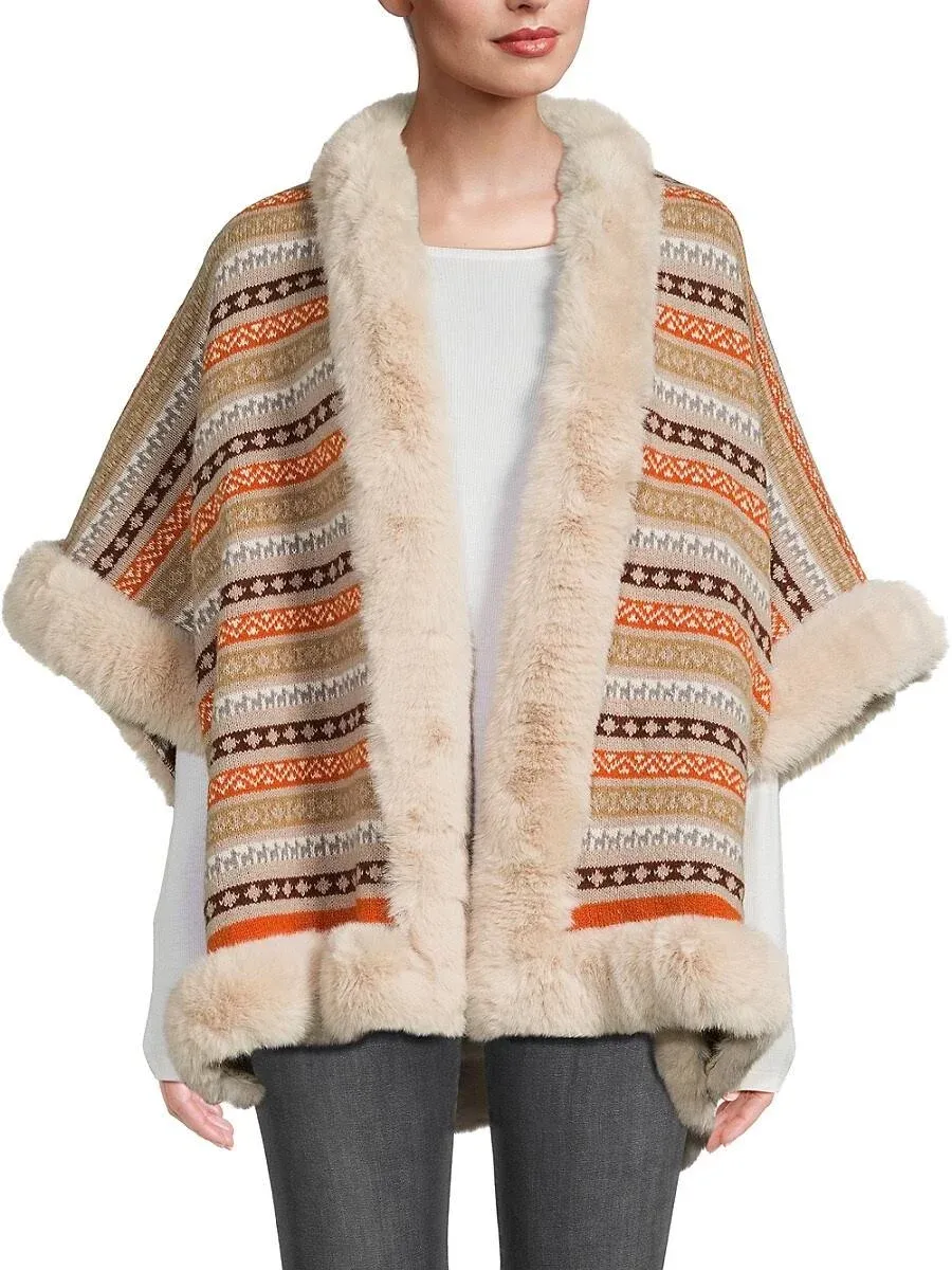 La Fiorentina Women's Print Faux Fur Trim Ruana - Beige