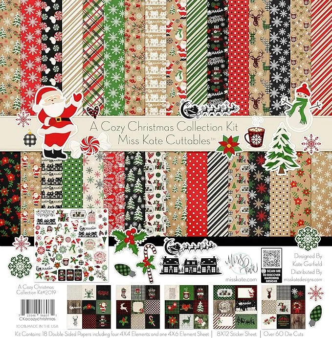 Miss Kate Cuttables Collection - A Cozy Christmas - Paper & Sticker & Die Cut Kit - 18 Double-Sided 12x12 Scrapbook Paper with 37 Designs & 1 8X12 Sticker Sheet & Over 60 Die Cuts - Scrapbooking