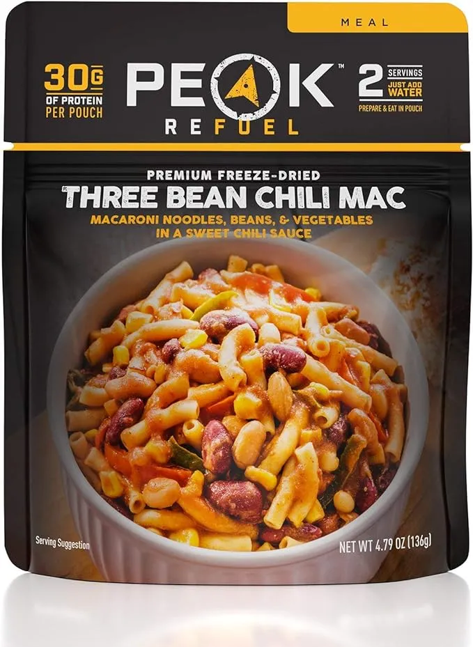 Peak Refuel Three Bean Chili Mac| Premium Freeze Dried Camping Food | Backpacking & Hiking MRE Meals | Just Add Water | 100% Real Ingredients | 30g of Protein | 2 Serving PouchPeak Refuel Three Bean Chili Mac| Premium Freeze Dried Camping Food | Backpack