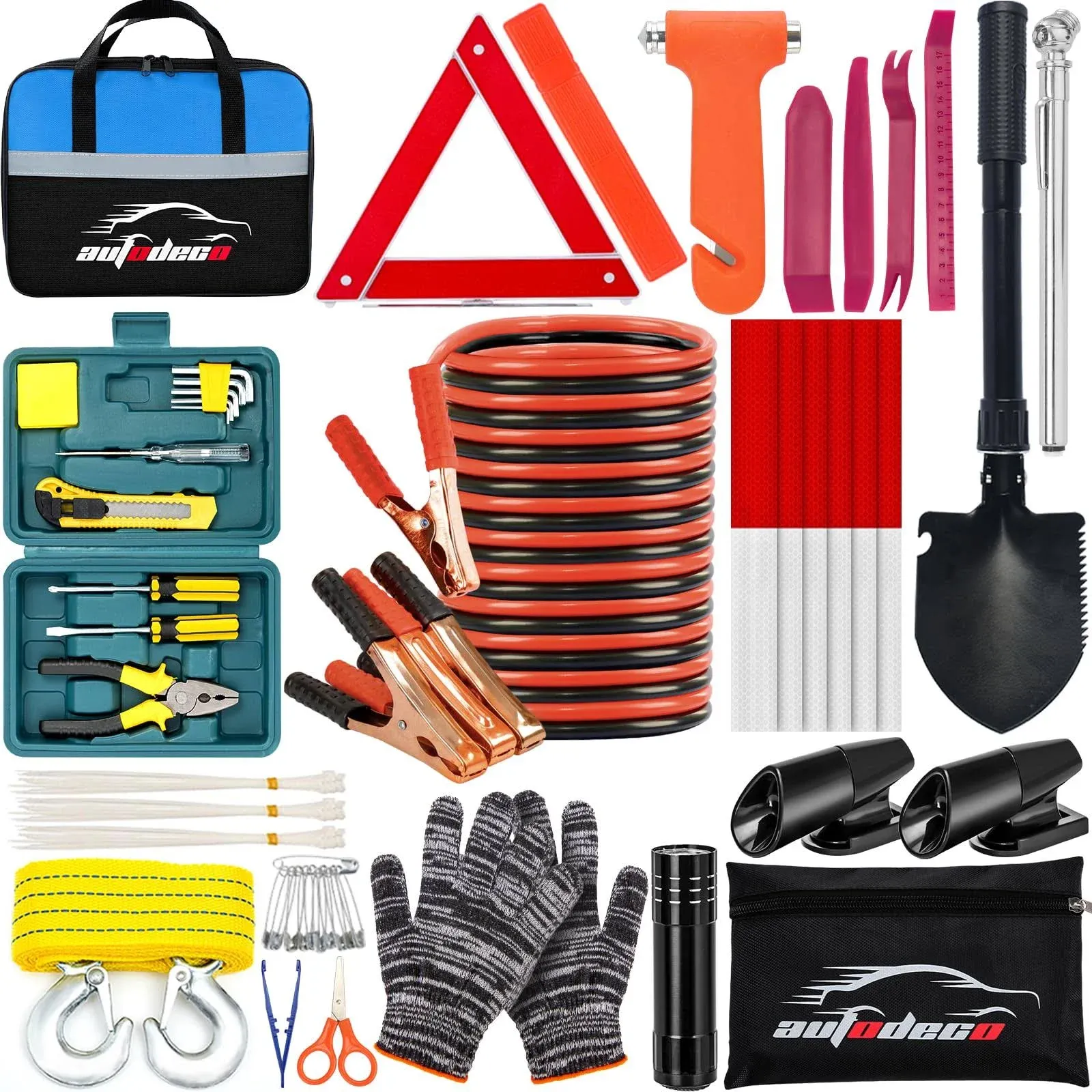 AUTODECO Car Emergency Roadside Kit Safety Assistance Kit for Vehicle with Shovel Jumper Cable First Aid Kit