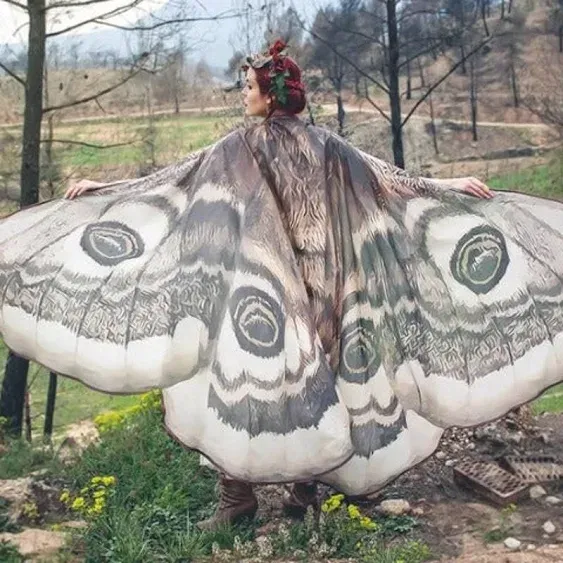 Moth Butterfly Wings Cape Adult Costume with Feather Headband for Halloween