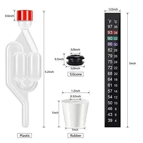 S-Shape Brewing Airlock Kit, 5 Pack Homebrew Airlocks for Fermenting with Airlock Grommets, Carboy Stoppers, CO2 Venting Hole Dust Caps & 2 Brewing Aquarium Thermometer Stickers