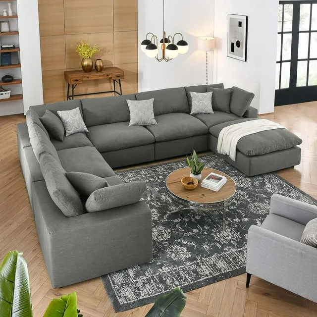 Modway Commix Down Filled Overstuffed 7-Piece Sectional Sofa in Gray