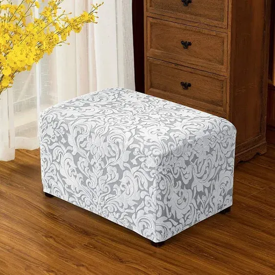 Ottoman Slipcover Jacquard Damask Stretch Storage Protector Rectangle Footstool Sofa Slip Cover for Foot Rest Stool Furniture