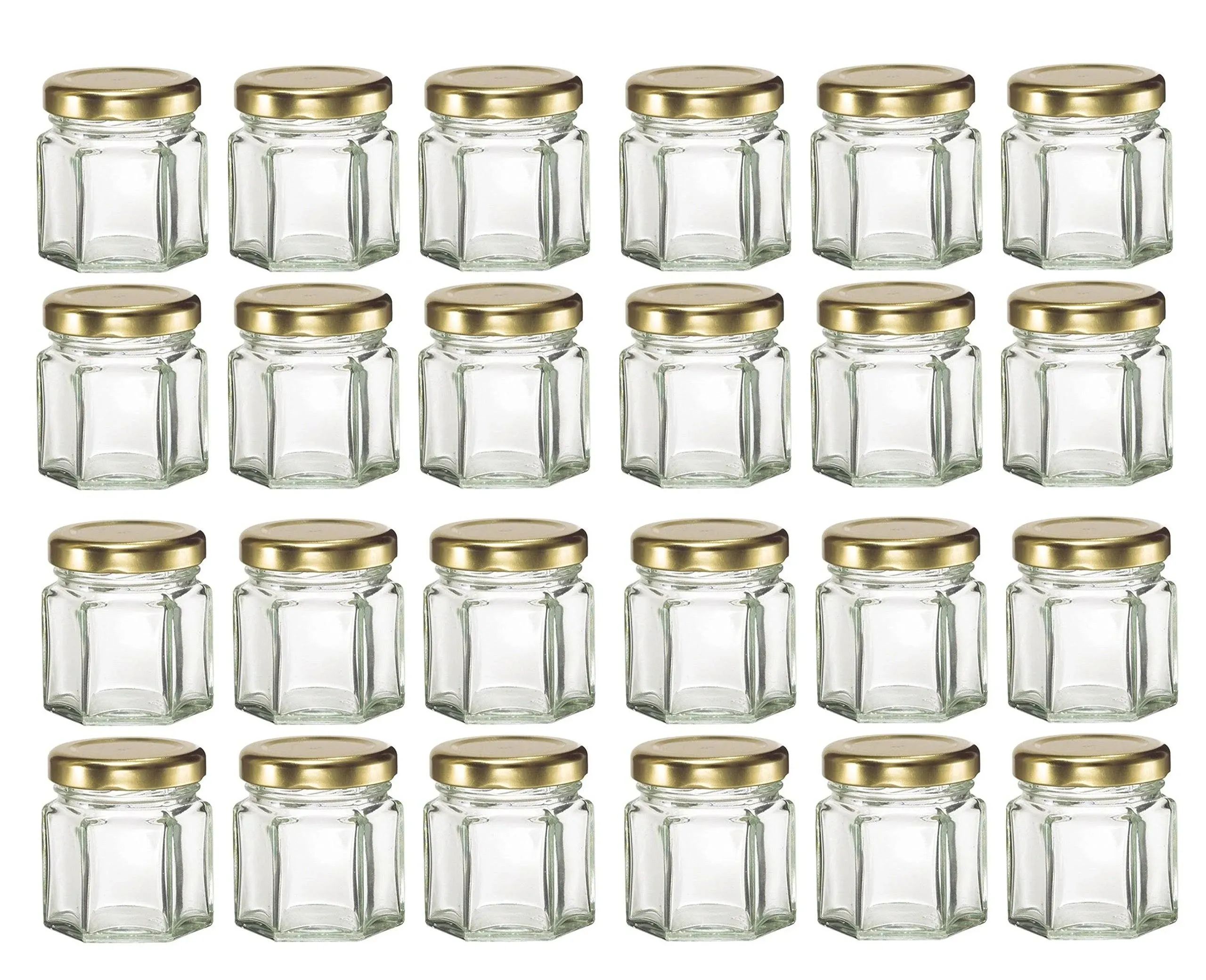 Nakpunar 24 pcs 1.5 oz Mini Hexagon Glass Jars with Gold Plastisol Lined Lids