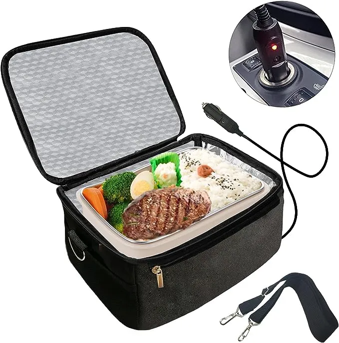 Portable Oven 12V Personal Food Warmer,Car Heating Lunch Box,Electric Slow Cooker For Meals Reheating & Raw Food Cooking for Road Trip/Office Work/Picnic/Camping/Family gathering(12V) (Black)