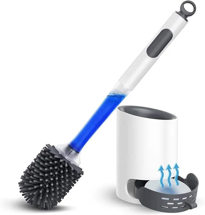 Toilet Bowl Brush Holder Set: Silicone Toilet Brush with Refillable Handle Dispenser - Bathroom Scrubber Rv Cleaner Toilet Brush with Caddy - Deep Cleaning Bathroom Scrub Brush