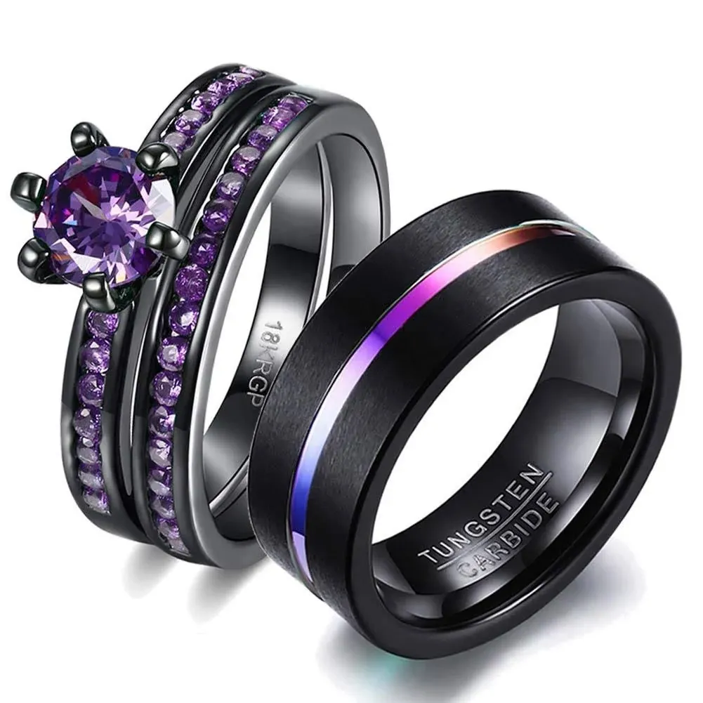 Matching Rings Couple Rings Black Gold Plated 1CT Purple Cz Women Wedding Ring Sets