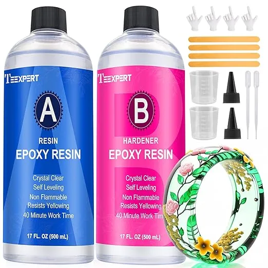 Teexpert Epoxy Resin Crystal Clear: 34oz Epoxy Resin Kit 3X Yellowing Resistant Fast Curing for Casting Coating Art DIY Craft JE