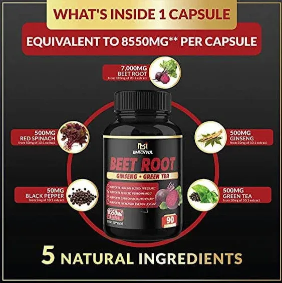 BMVINVOL Beet Root Capsules - Green Tea, Red Spinach, Ginseng, Black Pepper - 90 Count - 3 Month Supply