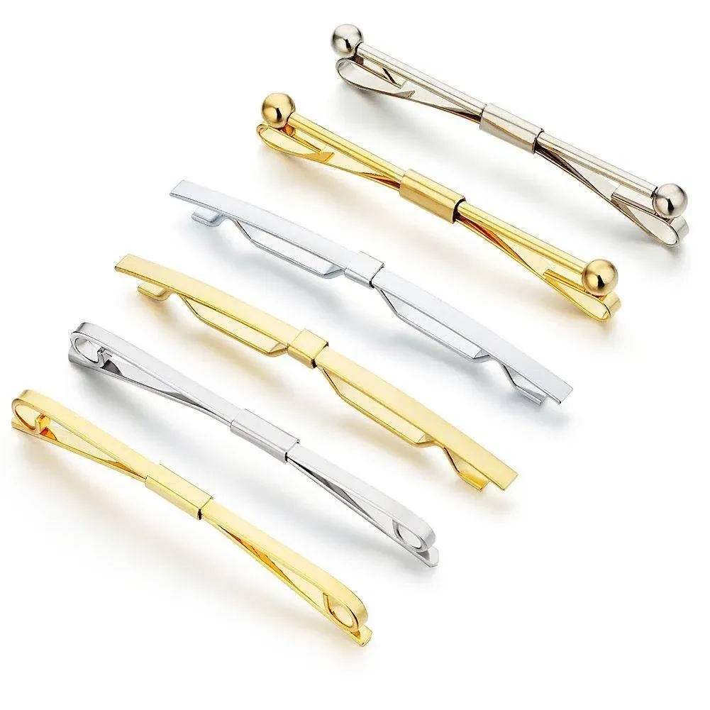 AnotherKiss Tie Collar Bar Pin Set for Men - 6 Pieces of Gold and Silver Two Tone