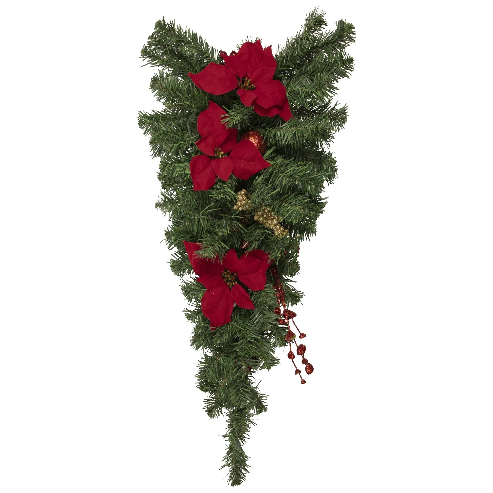 30&#39; Unlit Red and Green Poinsettia Artificial Christmas Teardrop Swag