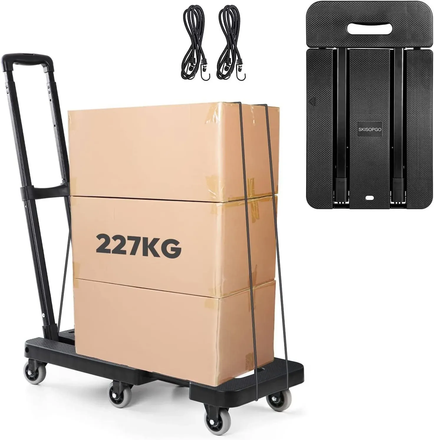 SKISOPGO Folding Hand Truck Portable 500 LB Heavy Duty Luggage Cart Utility Dolly Platform Cart with 6 Wheels and 2 Elastic Ropes for Luggage Travel Moving Shopping Office Use Black