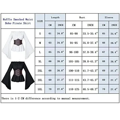 Irtysh Womens Renaissance Victorian Peasant Ruffle Smocked Waist Boho Pirate Shirt Blouse With Belt Set