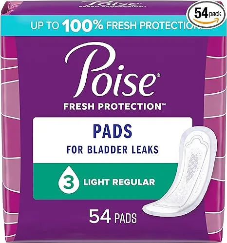 Poise Incontinence Pads & Postpartum Incontinence Pads, 3 Drop Light Absorbency, Regular Length, 54 Count, Packaging May Vary