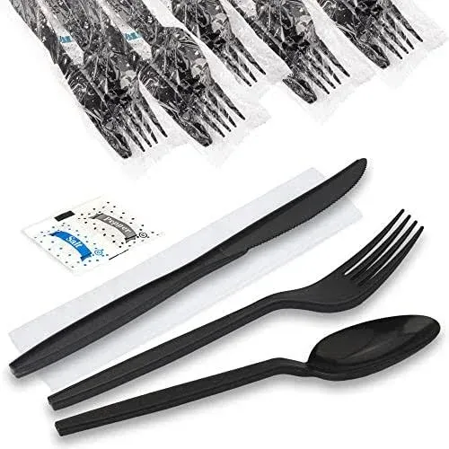 Black Plastic Cutlery Set with Disposable Spoon, Fork, Knife, Napkin, Salt and ...