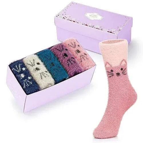 SISOSOCK 5 Pairs Fuzzy Cozy Warm Socks for Women Winter Wool Thick Casual Home Sleeping Soft Comfy Socks Gifts for Women