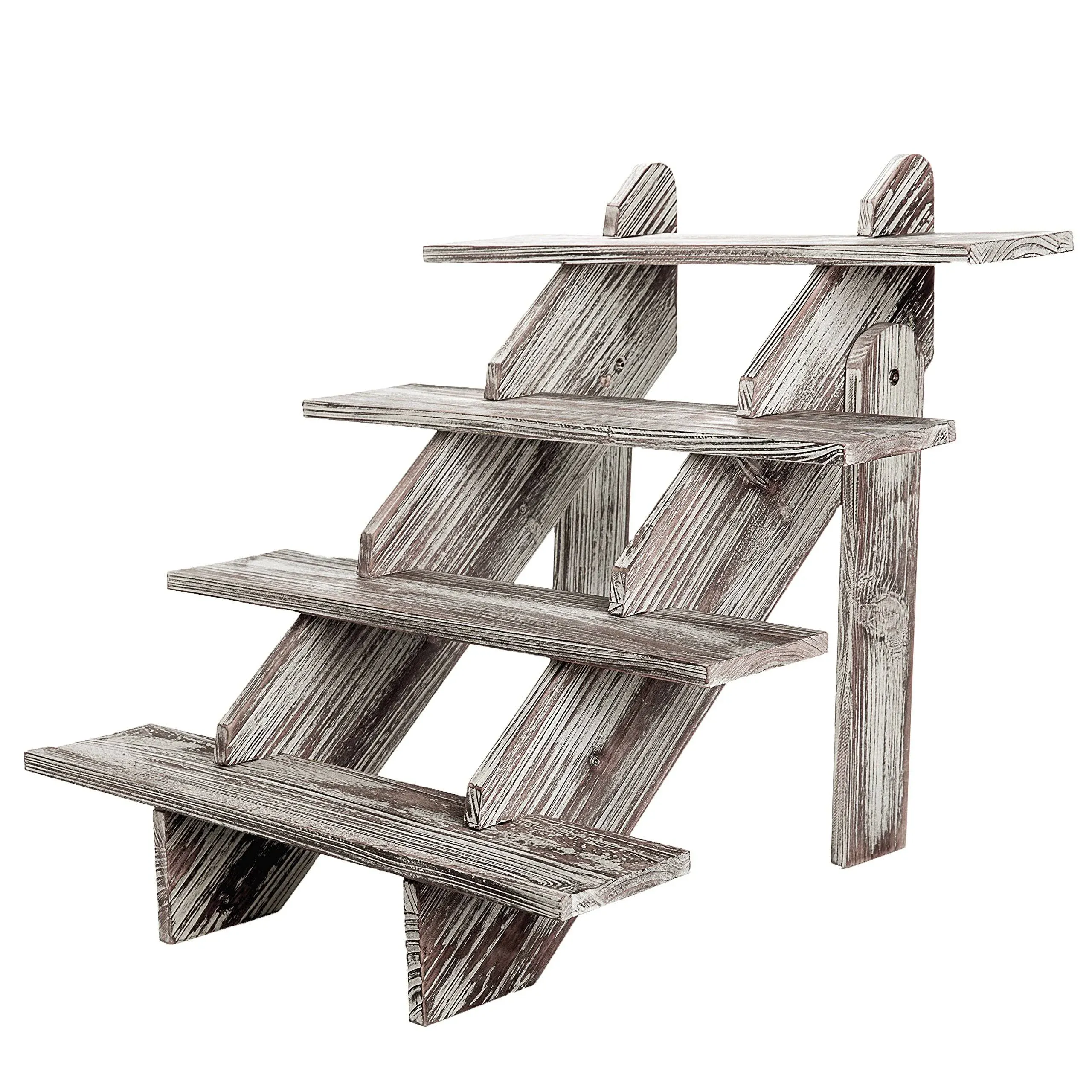 MyGift Rustic Torched Brown Wood Retail Display Riser, Cascading 4-Tier Decorative Merchandise and Cupcake Stair Stand