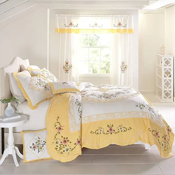 Ava Oversized Embroidered Cotton Quilt by BrylaneHome in Dandelion Yellow (Size FL/QUE)