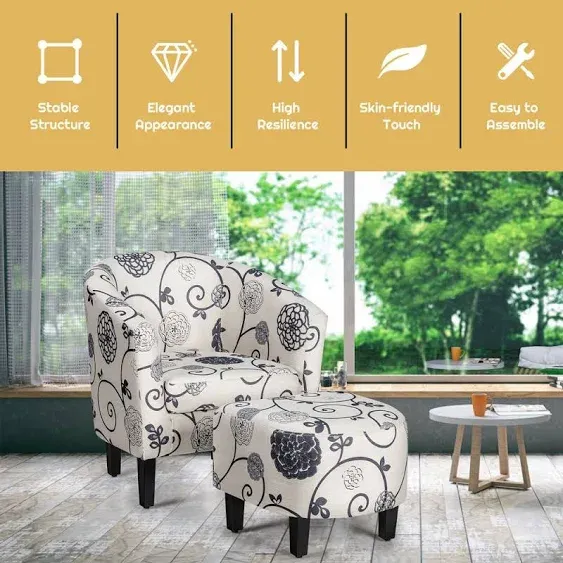 Modern Accent Tub Chair&amp;Ottoman Set Fabric Upholstered Club Chair Grey Floral