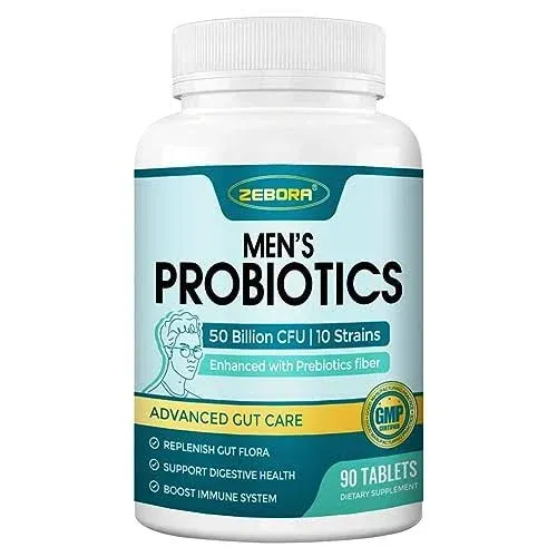 Probiotics for Men, Probiotics and Prebiotics for Digestive Health, 90 Tablets, 60 Billion CFUs for Immune and Gut Health, 10 Strains, Hypoallergenic Probiotics, Shelf Stable, Gluten & Soy Free