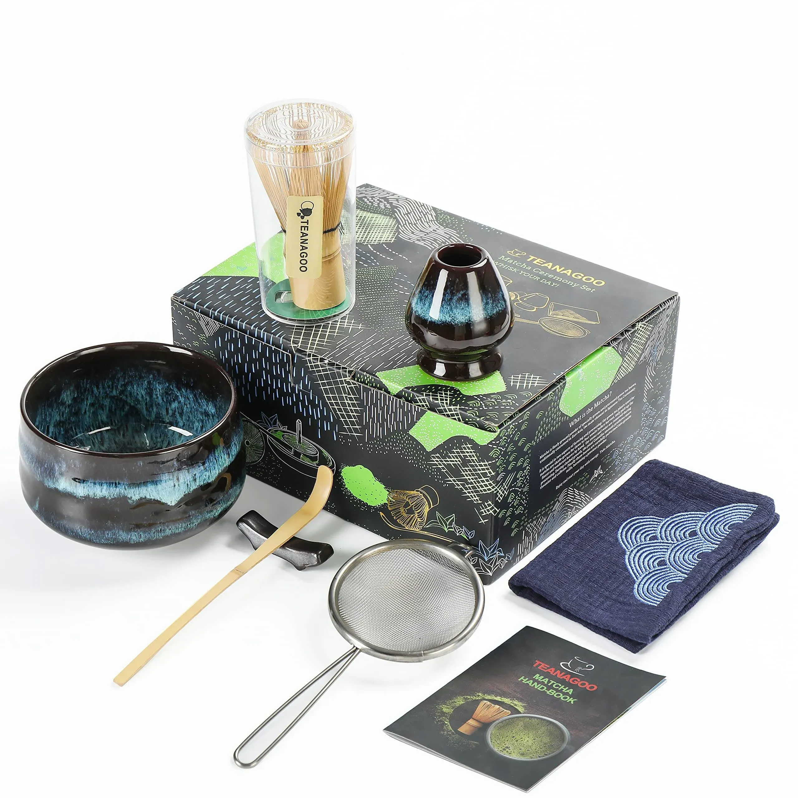 TEANAGOO Matcha Tea Set, Japanese Tea Set, Matcha Bowl, Matcha Bamboo Whisk, Scoop, Sifter, Matcha Whisk Holder, Matcha Whisk Stand, Matcha Whisk Set N4,Matcha Green Tea Powder Kit. Matcha Tea Kit