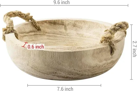 Handmade Paulownia Wood Decorative Round Fruit Bowl with Rope Handles, Serving Bowl Tabletop Home Décor