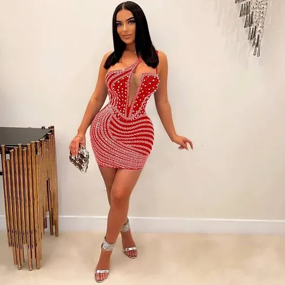 Sexy Shiny Diamonds One Shoulder Hollow Out Mini Dress