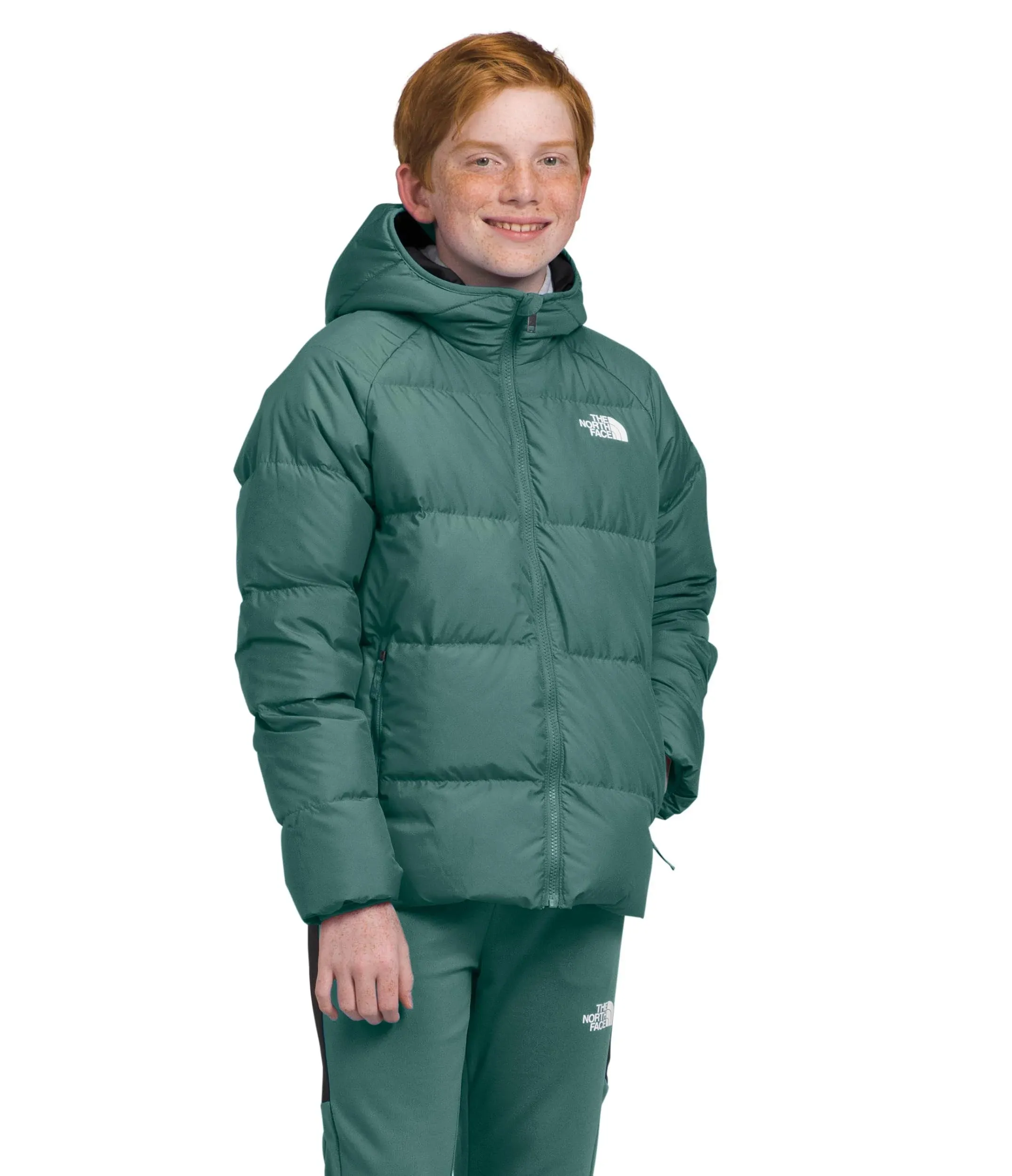 THE NORTH FACE Boys Reversible North Down Hooded Jacket, XS, Dark Sage