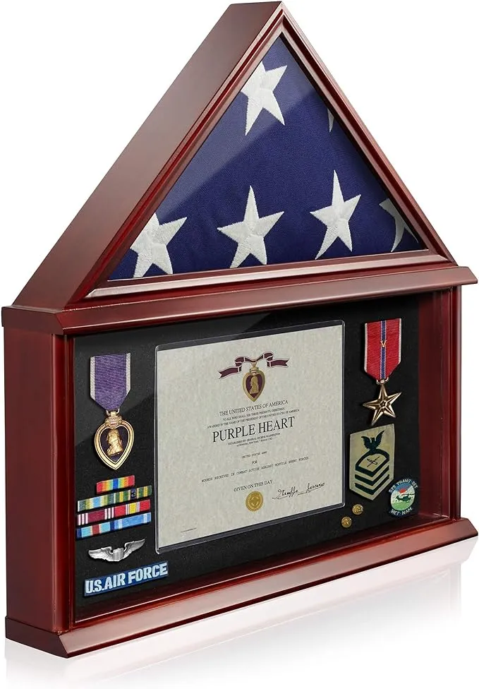 Reminded Large Military Shadow Box Memorial Flag Display Case Fits 5' x 9' Flag Solid Wood Mahogany Finish