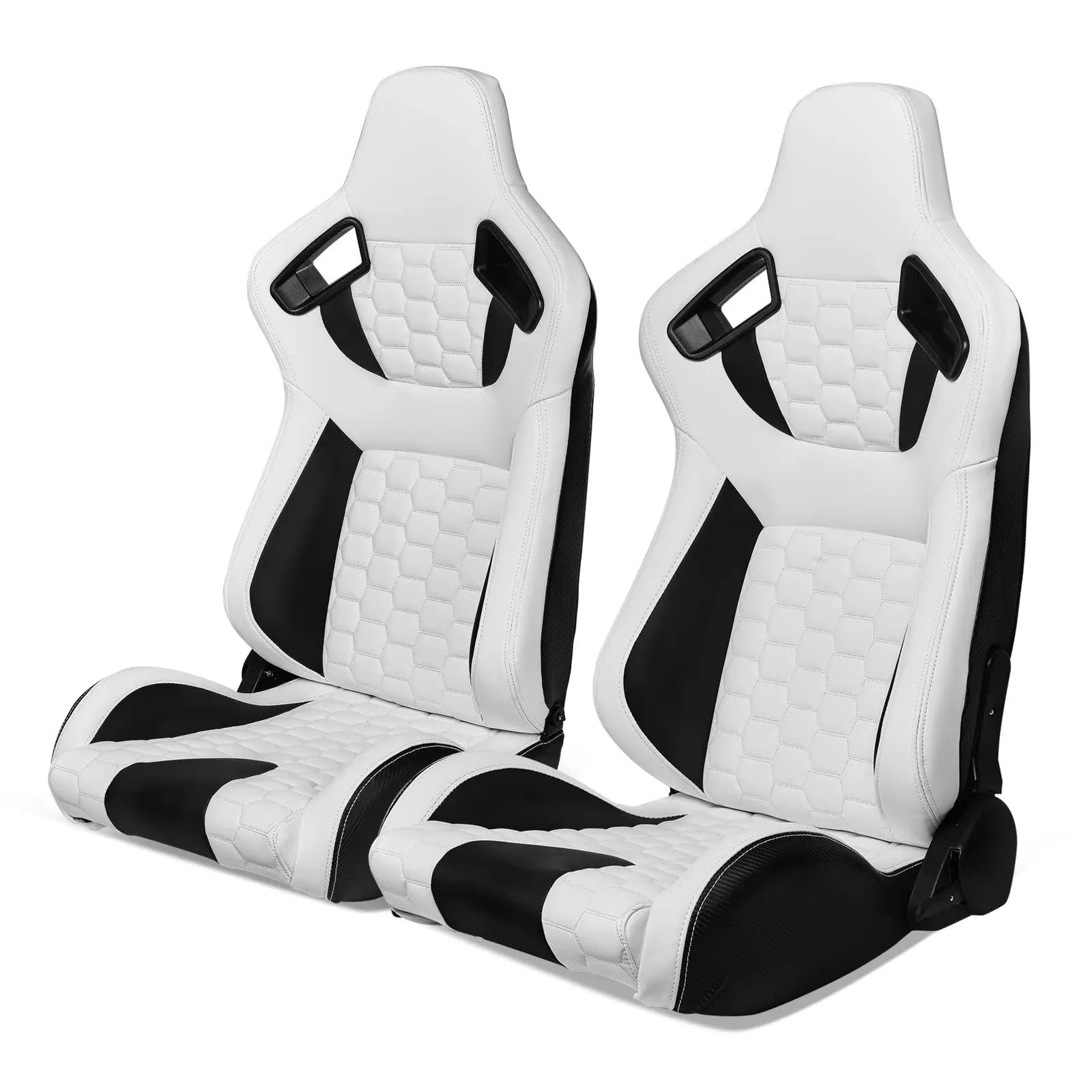 IKON MOTORSPORTS, Universal Racing Seats with Dual Sliders, Reclinable Perforated Black PU Leather Sport Bucket Seats, 1 Pair Driver + Passenger Side