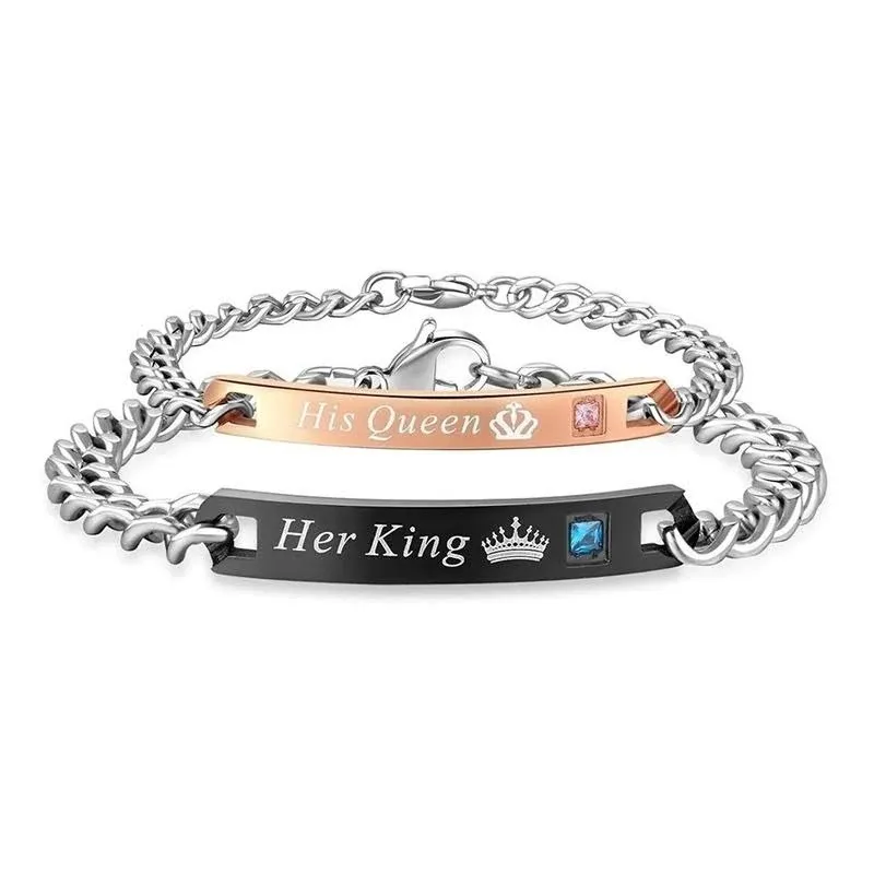 Gift For Lover His Queen Her King Stainless Steel Couple Bracelets For Women Men Matching Jewelry Set