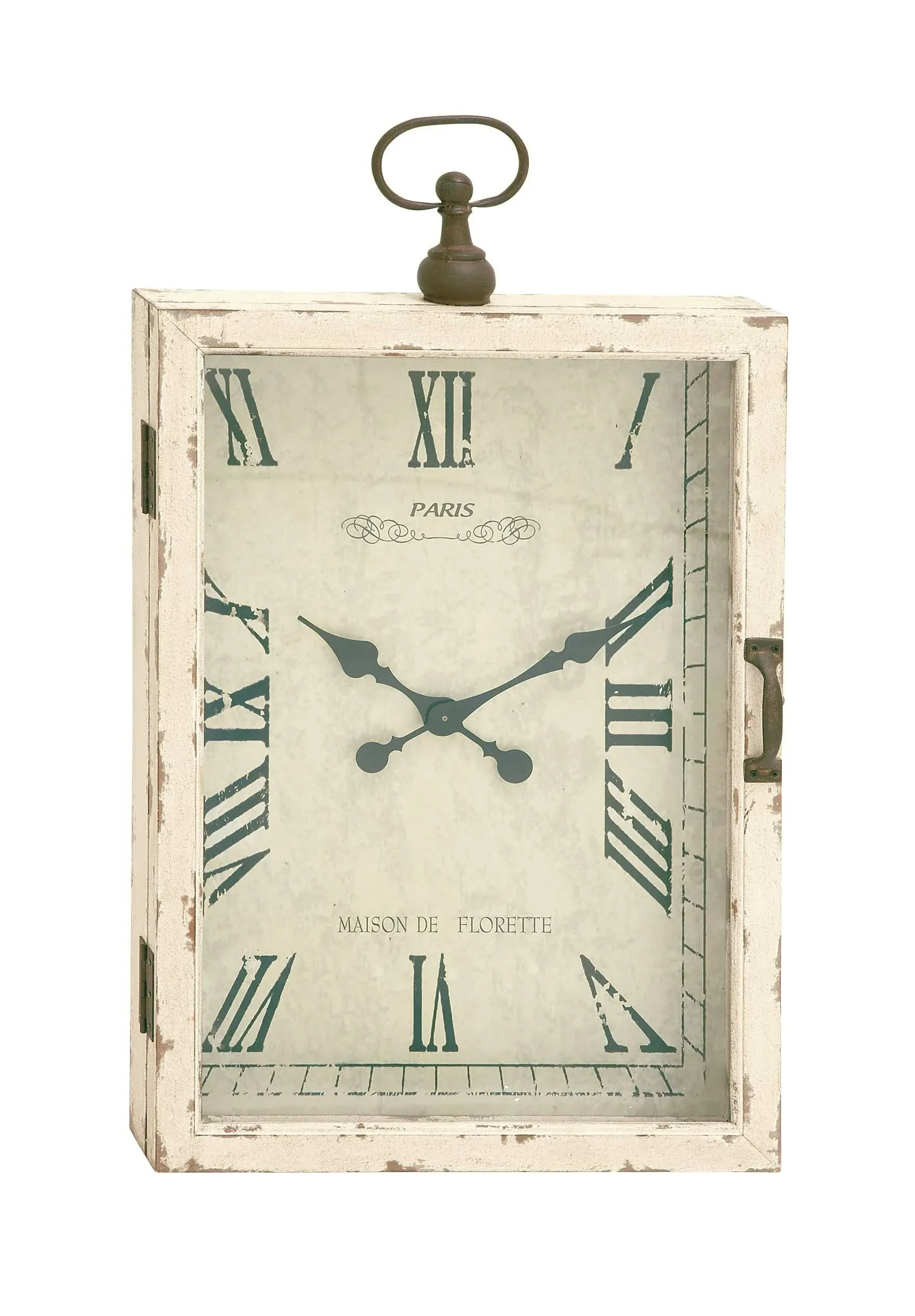 Rustic Vintage Style Wall Clock Roman Numerals Distressed White Wood Box Frame