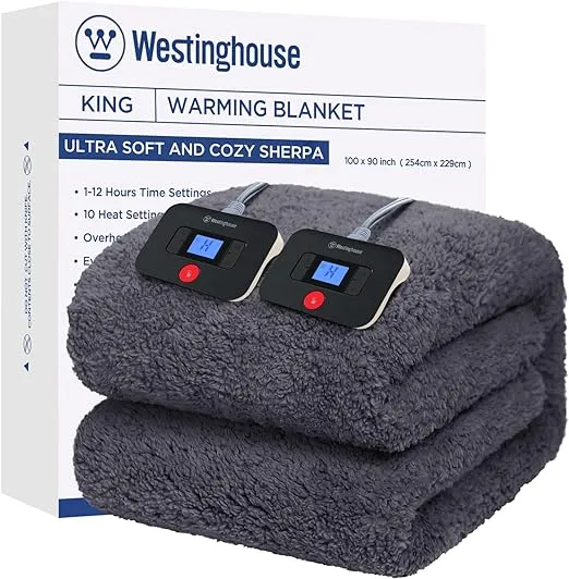 Westinghouse Electric Blanket King Size, Soft Plush Sherpa Heated Blanket with 10 Heating Levels & 1-12 Hours Auto-Off, Machine Washable, 100x90 inches, Darkgrey