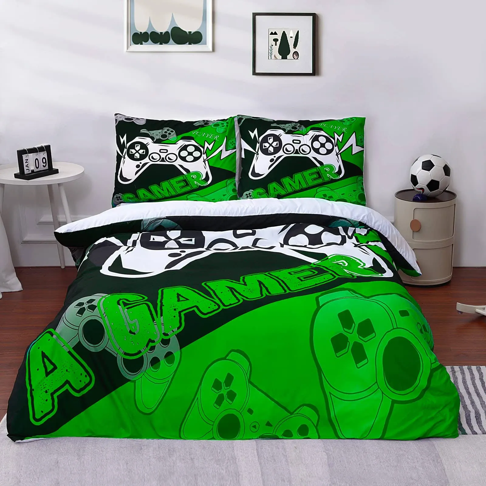 Vicimi Boys Gamer Duvet Cover Set 3 Pieces Queen Gaming Player Green Bedding ...